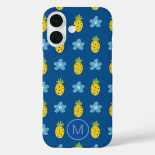 Coque Pour iPhone 16 Ananas et fleurs bleues Monogramme