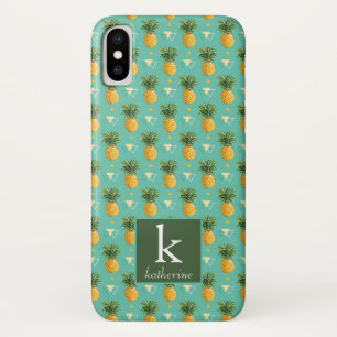 Coque iPhone X Ananas lumineux sur le monogramme géométrique du