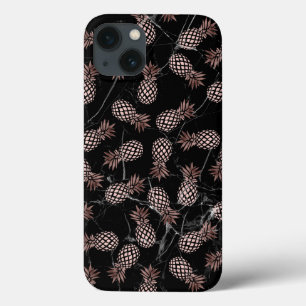 iPhone 13 Coque ananas rose d'or de marbre noir moderne élégant