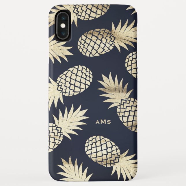Coques Case-Mate iPhone Ananas Tropical Or Motif Monogramme Bleu (Dos)