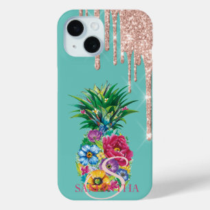 Coque Pour iPhone 15 Ananas Vert Menthe Paillettes Doré Rose Élégant Go