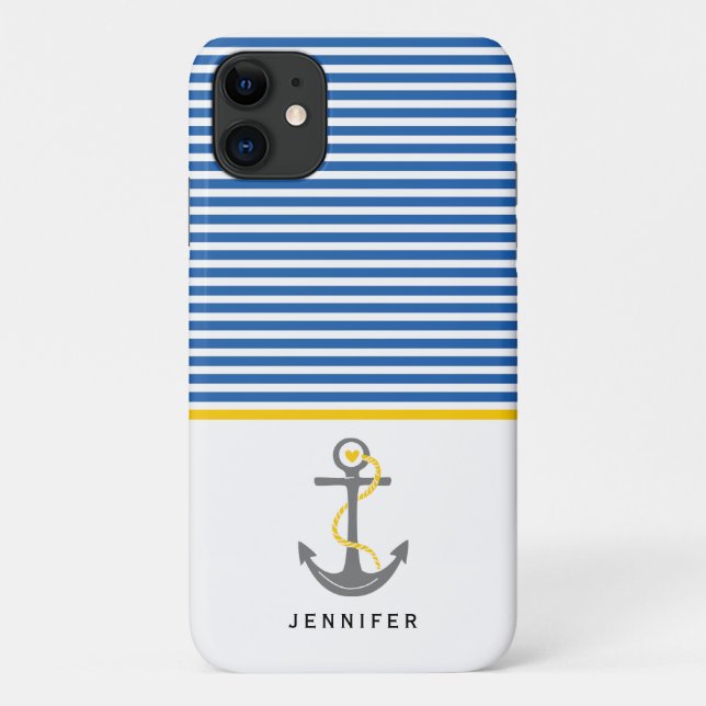 Coques Case-Mate iPhone Ancrage gris et rayures bleu blanc jaune nautique (Dos)