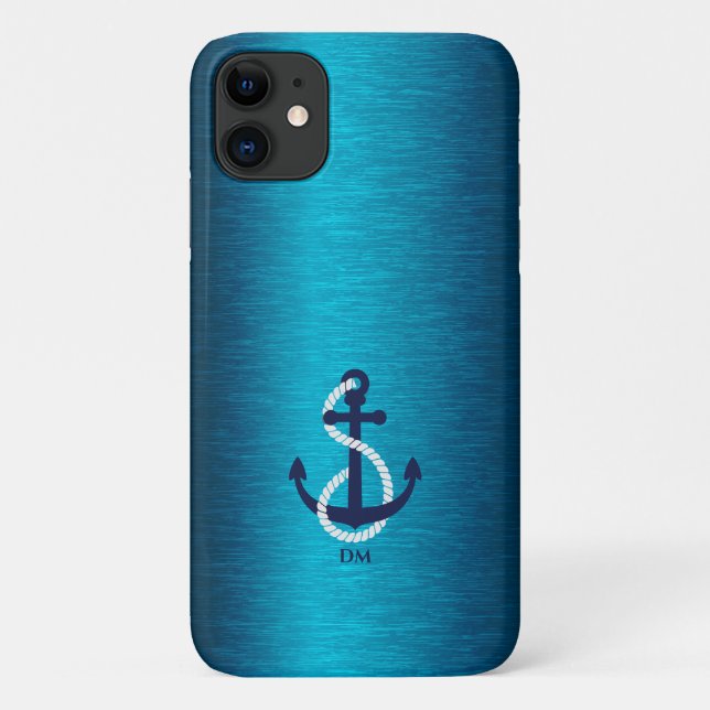 Coques Case-Mate iPhone Ancrage nautique sur une texture métallique bleue (Dos)