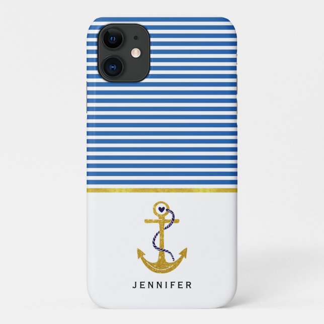 Coques Case-Mate iPhone Ancrage or et bleu, rayures blanches nautiques (Dos)