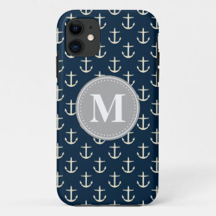 Coques Pour iPhone Ancre à crème bleue marine Motif gris monogramme