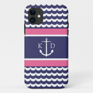 Coque iPhone 11 Ancre avec des vagues et marine et rose de