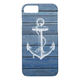 Coques Pour iPhone Ancre blanche et bois bleu vintage