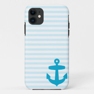 Coque iPhone 11 Ancre bleue et rayures bleu-clair de marin