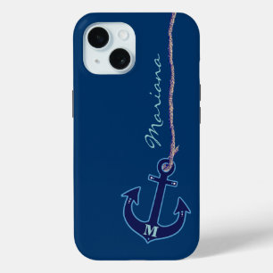 Coque Pour iPhone 15 Ancre bleue marine personnalisée
