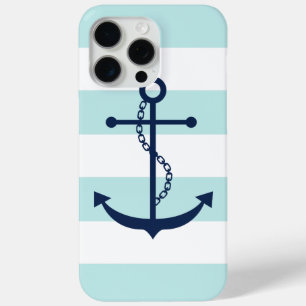 Coque iPhone 15 Pro Max Ancre bleue sur les rayures marines blanches et me
