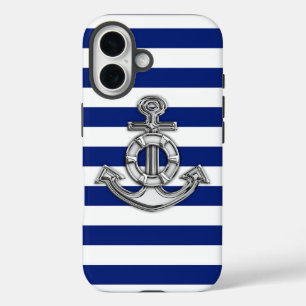 Coques iPhone 16 Ancre Chrome nautique sur les rayures de marine Im