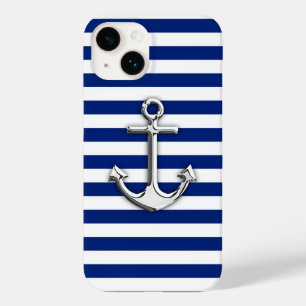 Coque Pour iPhone 14 Ancre Chrome sur Décor bleu marine