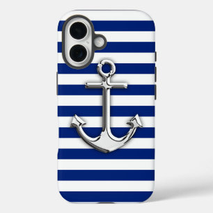 Coques iPhone 16 Ancre Chrome sur Décor bleu marine