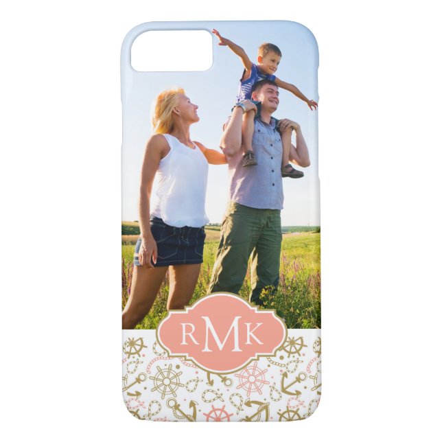 Coques Case-Mate iPhone Ancre d'or Pattern| votre photo et monogramme (Dos)