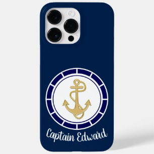 Coque Pour Pour iPhone 14 Pro Max Ancre dorée centrale Marine Bleu Nautique