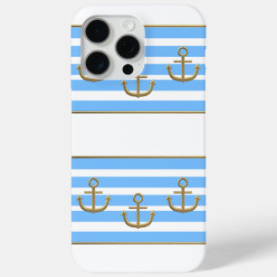 Coque iPhone 15 Pro Max ancre dorée fond bleu blanc
