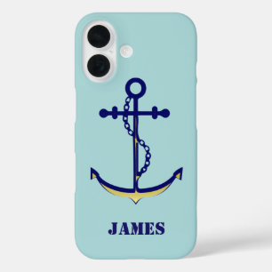 Coque Pour iPhone 16 Ancre marine et or avec nom nautique