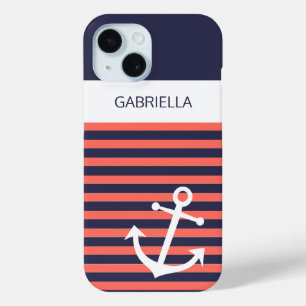 Coque Pour iPhone 15 Ancre marine personnalisée Coral Red Stripe Motif