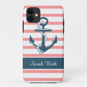Coques Pour iPhone Ancre nautique et bleue personnalisée et rayures