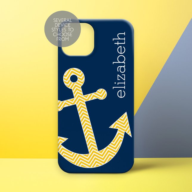 Coques Case-Mate iPhone Ancre nautique et Marine Jaune Chevron Motif (Personalized Phone Case - Nautical Anchor)