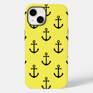 Coque Pour iPhone 14 Ancre noire à motif nautique Arrière - plan jaune
