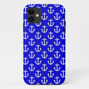 Coques Pour iPhone Ancres blanches sur Arrière - plan bleu