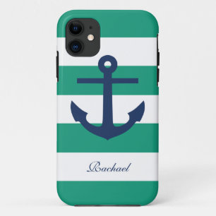 Coque iPhone 11 Ancres bleues et vertes blanches Aweigh