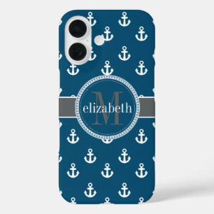 Coque Pour iPhone 16 Ancres de navire bleu gris blanc Monogramme