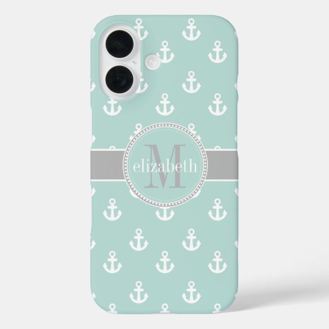 Coques Case-Mate iPhone Ancres de navire Turquoise gris clair Monogramme (Verso)