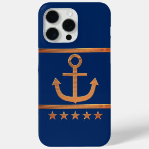 Coque iPhone 15 Pro Max ancres dorées sur fond bleu marine