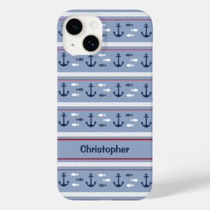Coque Pour iPhone 14 Ancres nautiques bleues et blanches personnalisées