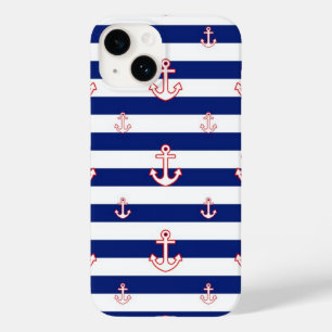 Coque Pour iPhone 14 Ancres sur Bleu Stripes Style Nautique