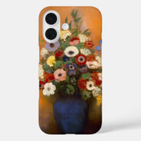 Anémones vintages et lilas dans un vase bleu
