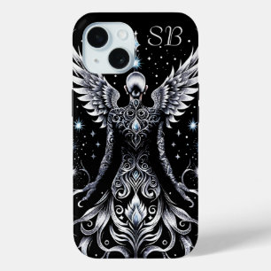 Coque Pour iPhone 15 Ange Monogramme De Tatouage Noir Et Argent