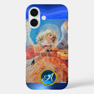 Coques iPhone 16 ANGE MUSICAL, Monogramme de pierre de taille bleu