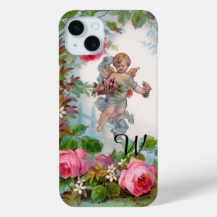 COQUE iPhone 15 MINI ANGE ROMANTIQUE RASSEMBLANT ROSES ET FLEURS ROSES 