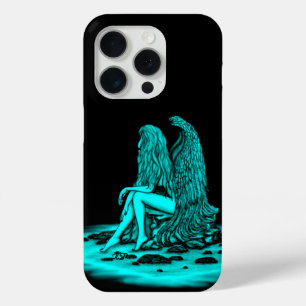 Coque iPhone 15 Pro Angel, perdu dans la pensée, noir et vert Design