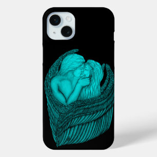 Coque iPhone 15 Mini Angels Kissing, noir et vert Design