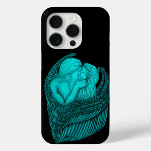 Coque iPhone 15 Pro Angels Kissing, noir et vert Design