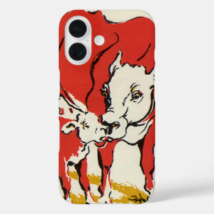 Coque Pour iPhone 16 Animaux de ferme vintages, Vache Holstein avec vea