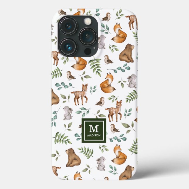 Coques Case-Mate iPhone Animaux de forêt Motif de forêt feuillu Monogramme (Verso)