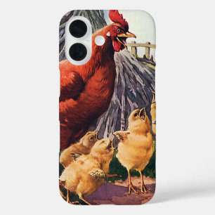 Coques iPhone 16 Animaux vintages, poulets avec bébés à la ferme