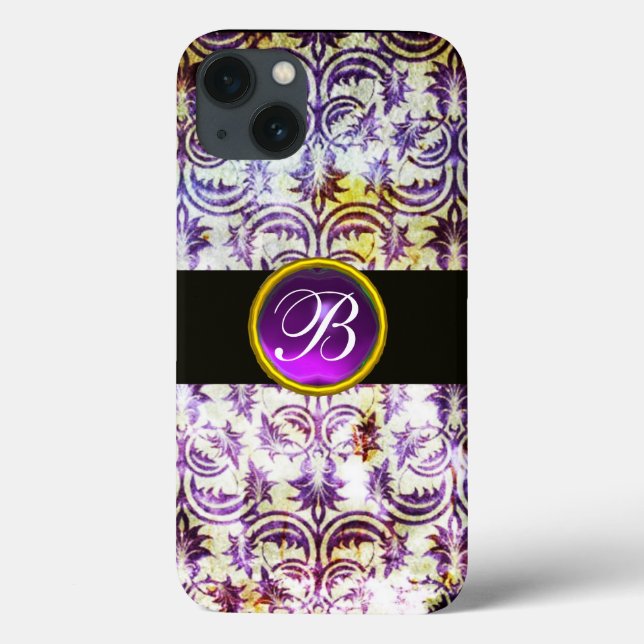 Coques Case-Mate iPhone ANTIQUE DAMASK Violet Améthyste Monogramme noir (Verso)