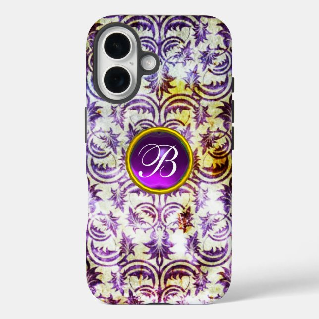 Coques Case-Mate iPhone ANTIQUE DAMASK Violet Améthyste Monogramme noir (Verso)