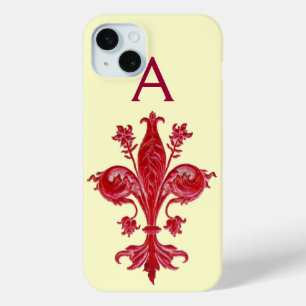 Coque iPhone 15 Mini ANTIQUE FLORENTINE ROUGE LILY, FLEUR DE LIS, Monog