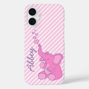 Coque Pour iPhone 16 Appelé coeurs et rayures d'éléphant rose mignon