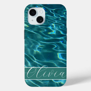 Coque Pour iPhone 15 Aqua bleu Motif d'eau ondes océaniques monogramme