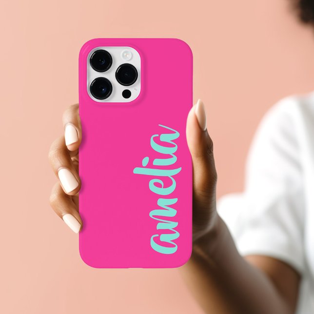Coques Case-Mate iPhone Aqua bleu nom personnalisé script bold rose chaud (Aqua blue custom name script bold hot pink Case-Mate iPhone case)
