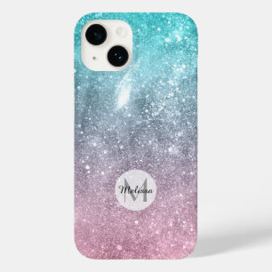 Coque Pour iPhone 14 Aqua bleu rose galaxie marine abstrait Monogramme