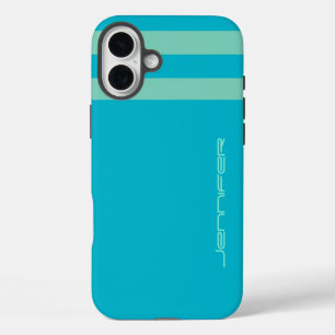 Coques iPhone 16 Plus Aqua Blue/Green Stripe/Solide Nom Personnalisé Tou